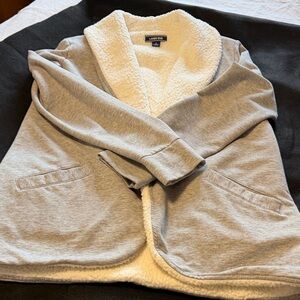 Lands' End Ladies Light Gray Cardigan with Cream Sherpa Lining